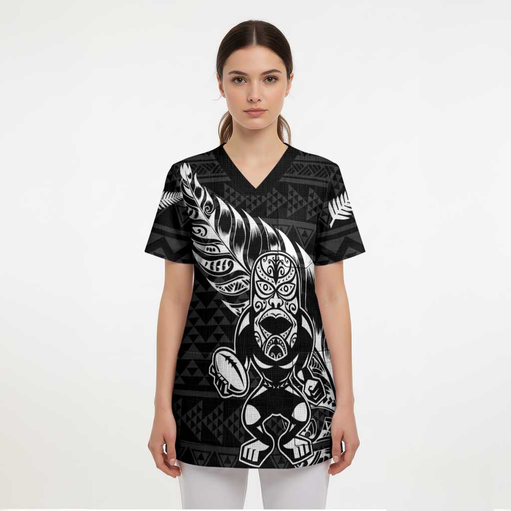 New Zealand Rugby Warrior Custom Scrub Top Black Fern Taniko Motif - Polynesian Pride