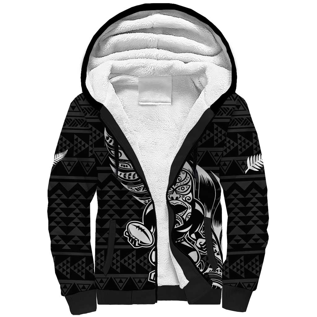 New Zealand Rugby Warrior Custom Sherpa Hoodie Black Fern Taniko Motif