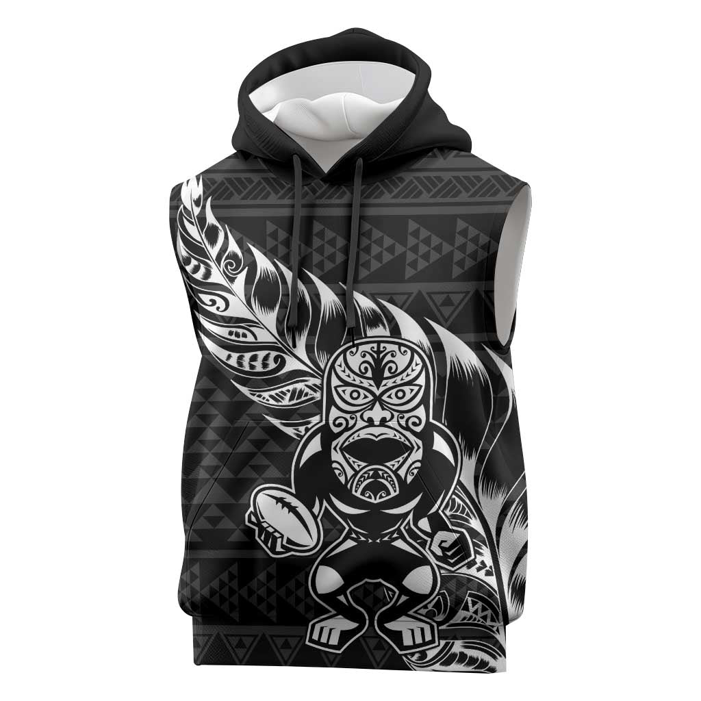New Zealand Rugby Warrior Custom Sleeveless Hoodie Black Fern Taniko Motif - Polynesian Pride