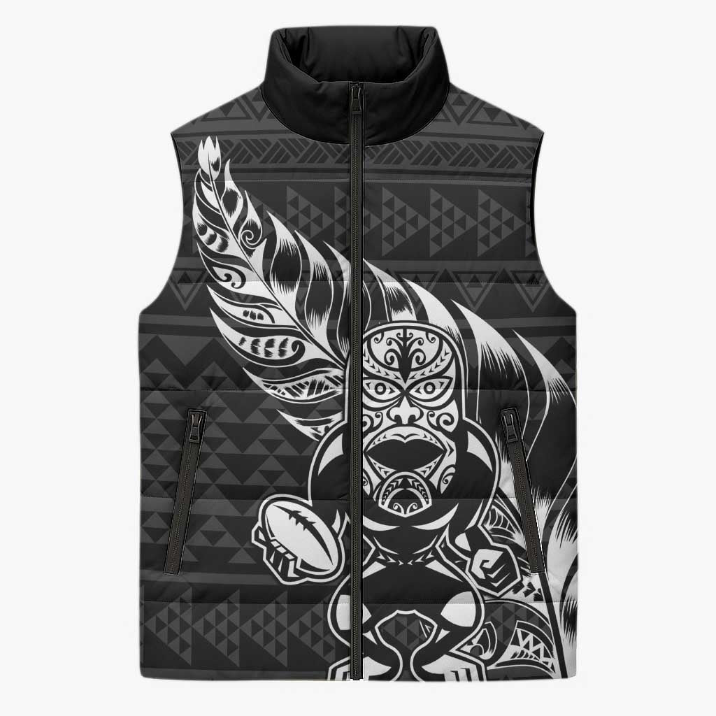 New Zealand Rugby Warrior Custom Sleeveless Puffer Jacket Black Fern Taniko Motif - Polynesian Pride