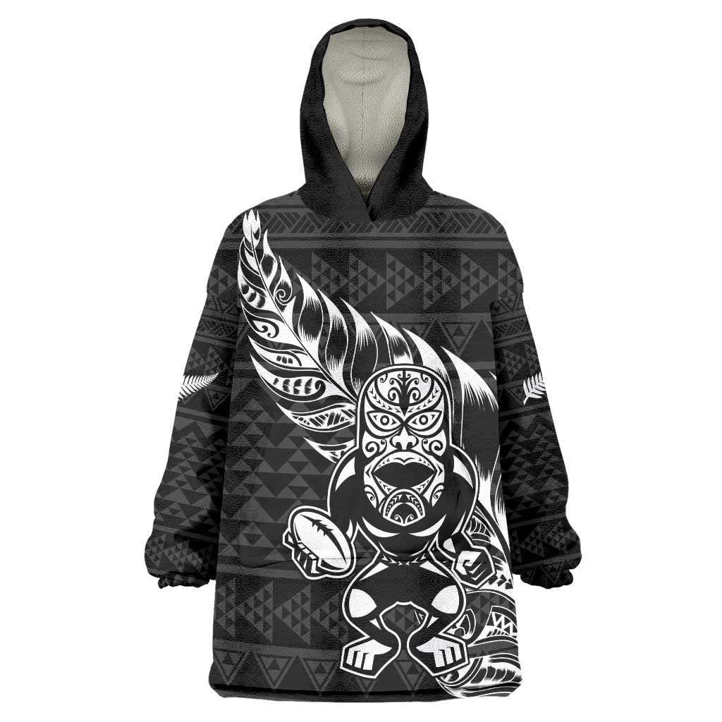 New Zealand Rugby Warrior Custom Wearable Blanket Hoodie Black Fern Taniko Motif