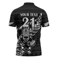 New Zealand Rugby Warrior Custom Zipper Polo Shirt Black Fern Taniko Motif - Polynesian Pride