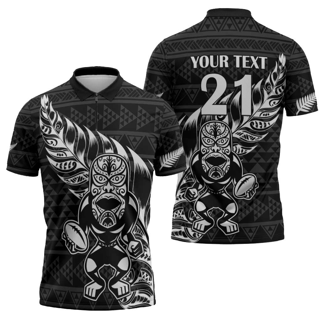 New Zealand Rugby Warrior Custom Zipper Polo Shirt Black Fern Taniko Motif - Polynesian Pride