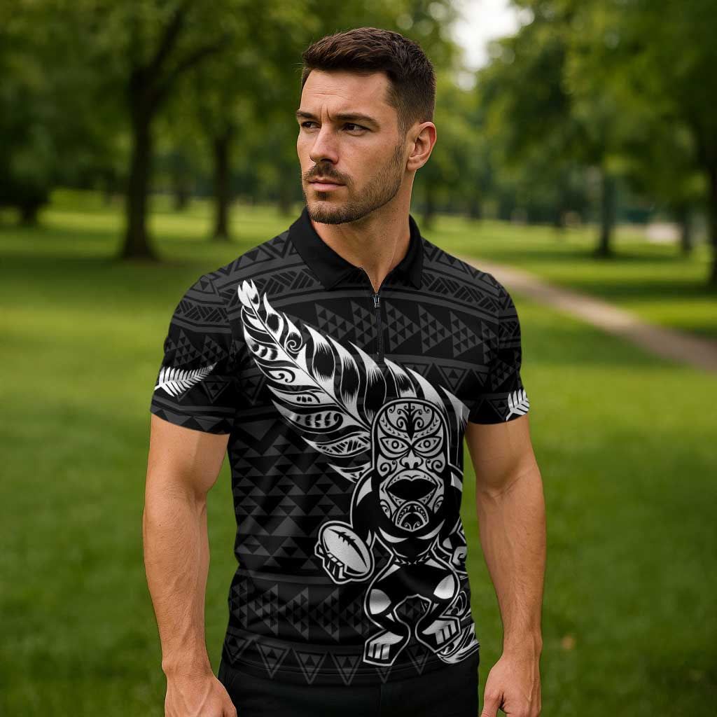 New Zealand Rugby Warrior Custom Zipper Polo Shirt Black Fern Taniko Motif - Polynesian Pride