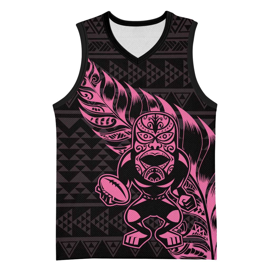 New Zealand Rugby Warrior Custom Basketball Jersey Pink Fern Taniko Motif - Polynesian Pride
