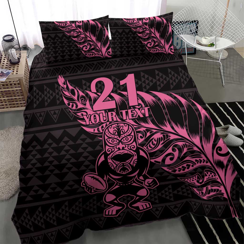 New Zealand Rugby Warrior Custom Bedding Set Pink Fern Taniko Motif