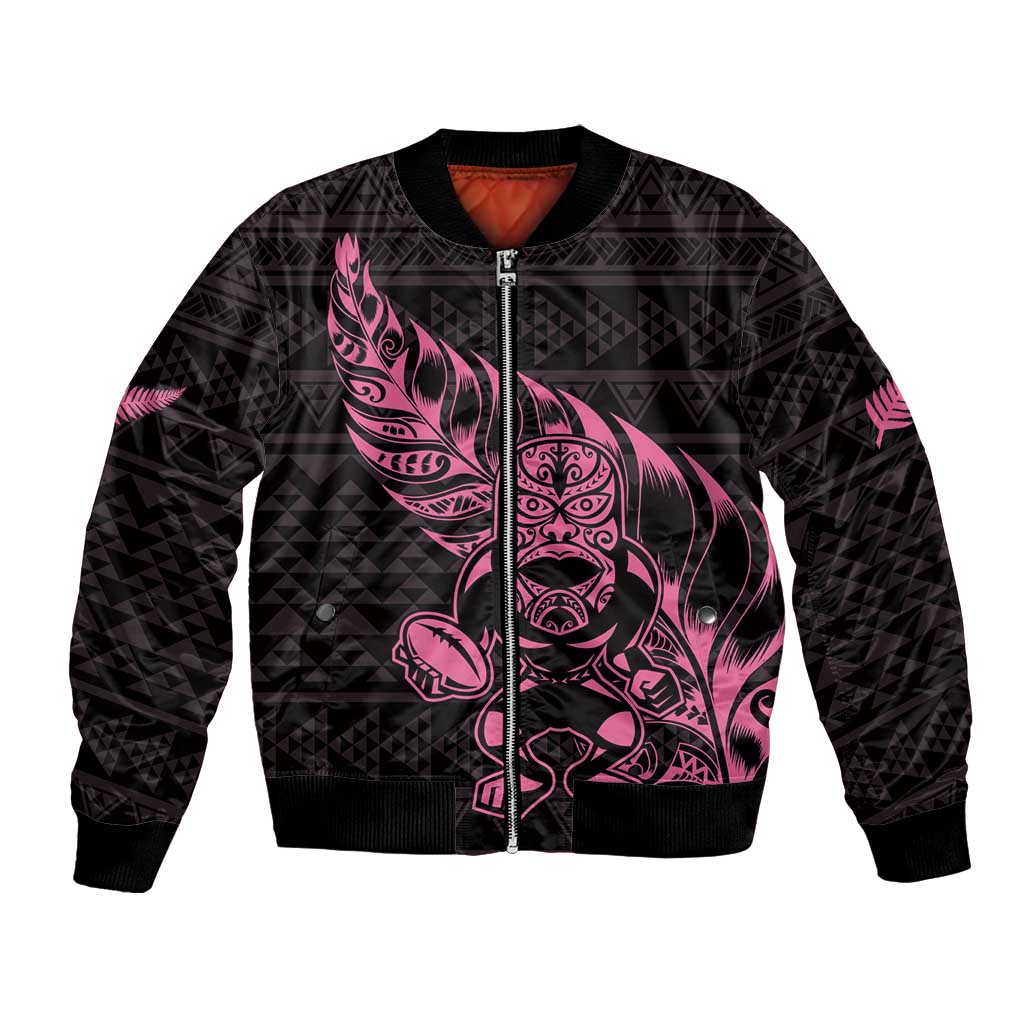 New Zealand Rugby Warrior Custom Bomber Jacket Pink Fern Taniko Motif