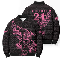 New Zealand Rugby Warrior Custom Bomber Puffer Jacket Pink Fern Taniko Motif - Polynesian Pride