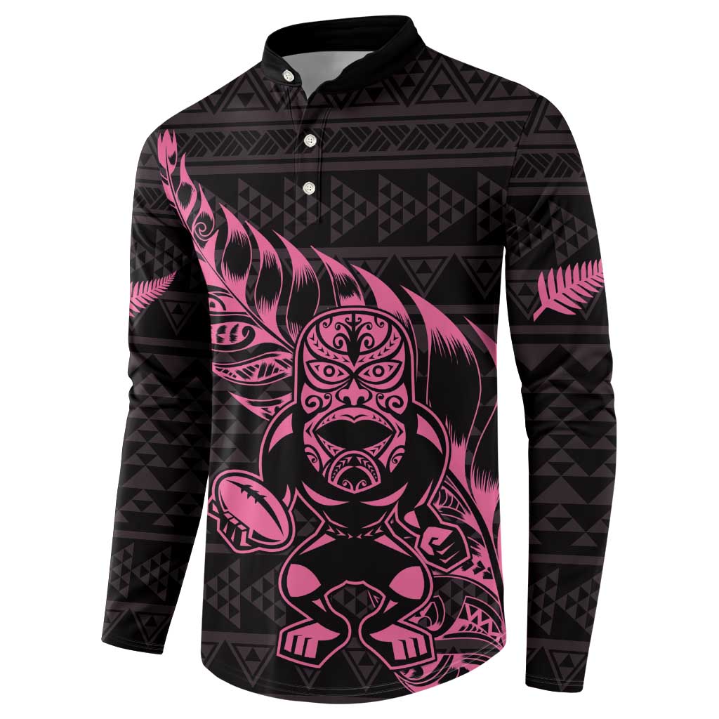 New Zealand Rugby Warrior Custom Button Sweatshirt Pink Fern Taniko Motif