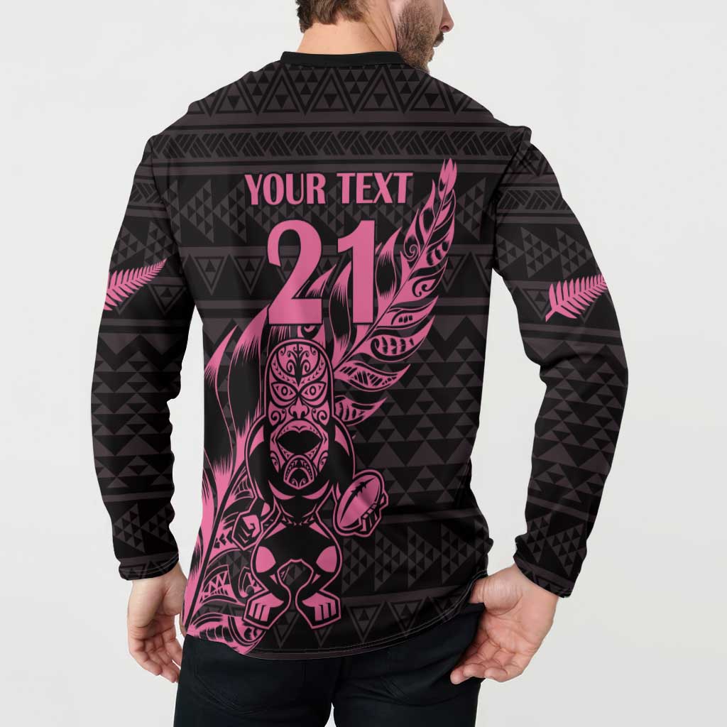 New Zealand Rugby Warrior Custom Button Sweatshirt Pink Fern Taniko Motif