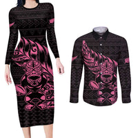 New Zealand Rugby Warrior Custom Couples Matching Long Sleeve Bodycon Dress and Long Sleeve Button Shirt Pink Fern Taniko Motif