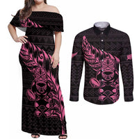 New Zealand Rugby Warrior Custom Couples Matching Off Shoulder Maxi Dress and Long Sleeve Button Shirt Pink Fern Taniko Motif