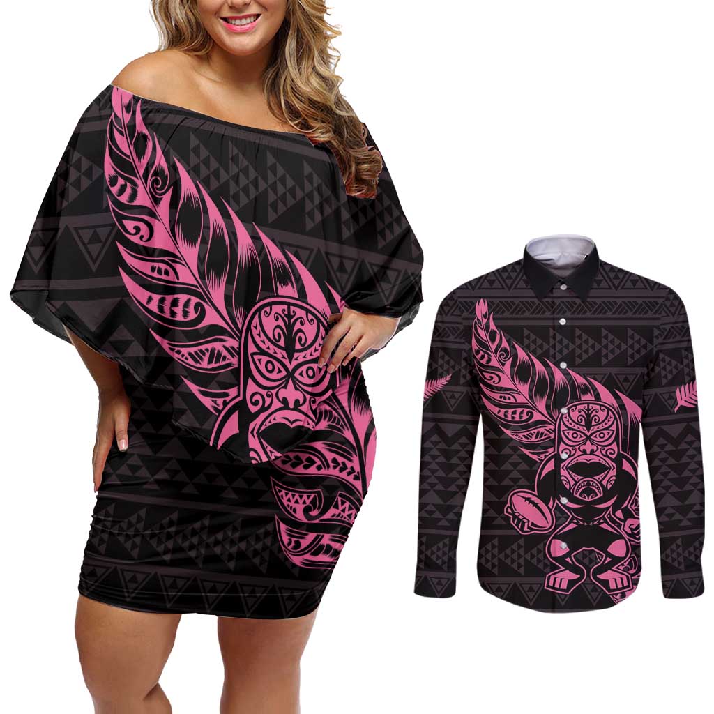 New Zealand Rugby Warrior Custom Couples Matching Off Shoulder Short Dress and Long Sleeve Button Shirt Pink Fern Taniko Motif