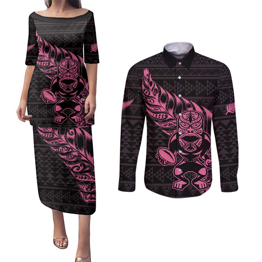 New Zealand Rugby Warrior Custom Couples Matching Puletasi and Long Sleeve Button Shirt Pink Fern Taniko Motif
