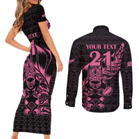 New Zealand Rugby Warrior Custom Couples Matching Short Sleeve Bodycon Dress and Long Sleeve Button Shirt Pink Fern Taniko Motif