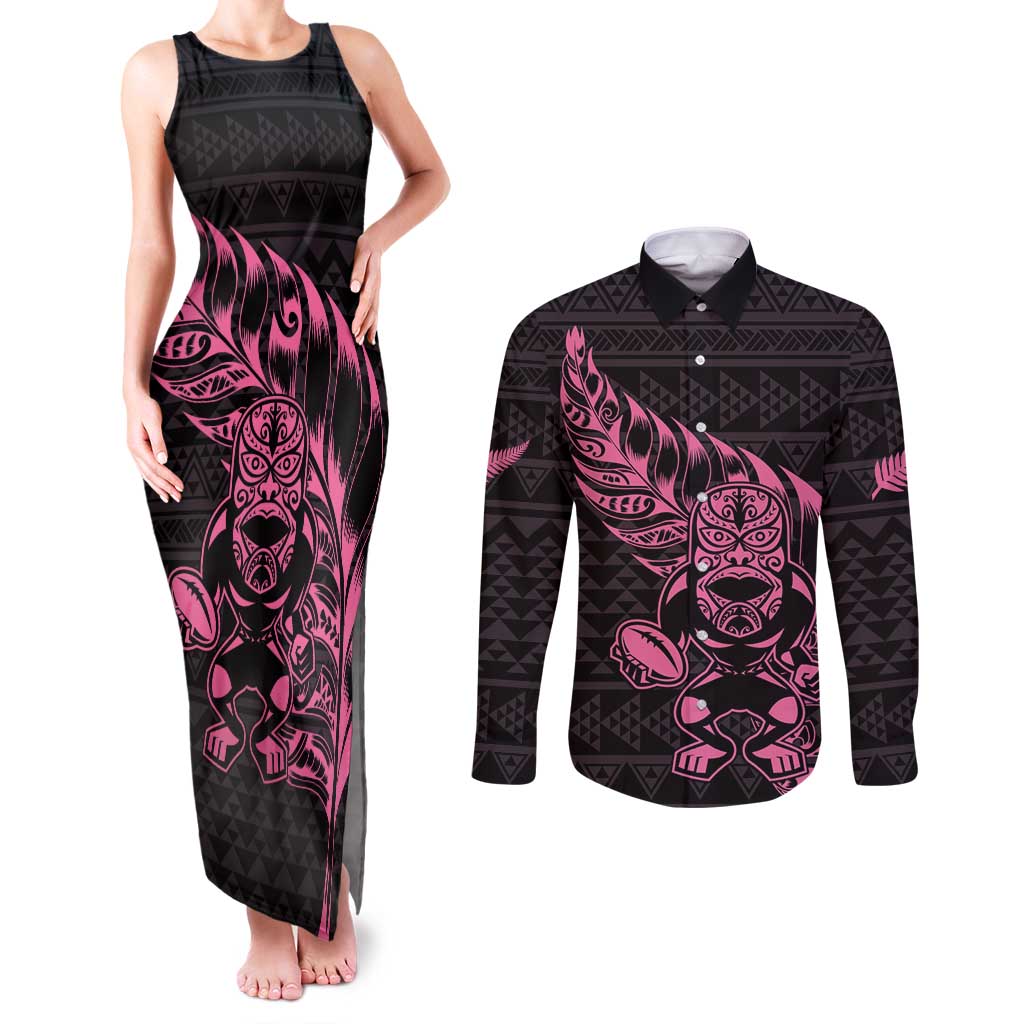 New Zealand Rugby Warrior Custom Couples Matching Tank Maxi Dress and Long Sleeve Button Shirt Pink Fern Taniko Motif