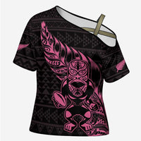 New Zealand Rugby Warrior Custom Cross Shoulder Shirt Pink Fern Taniko Motif - Polynesian Pride