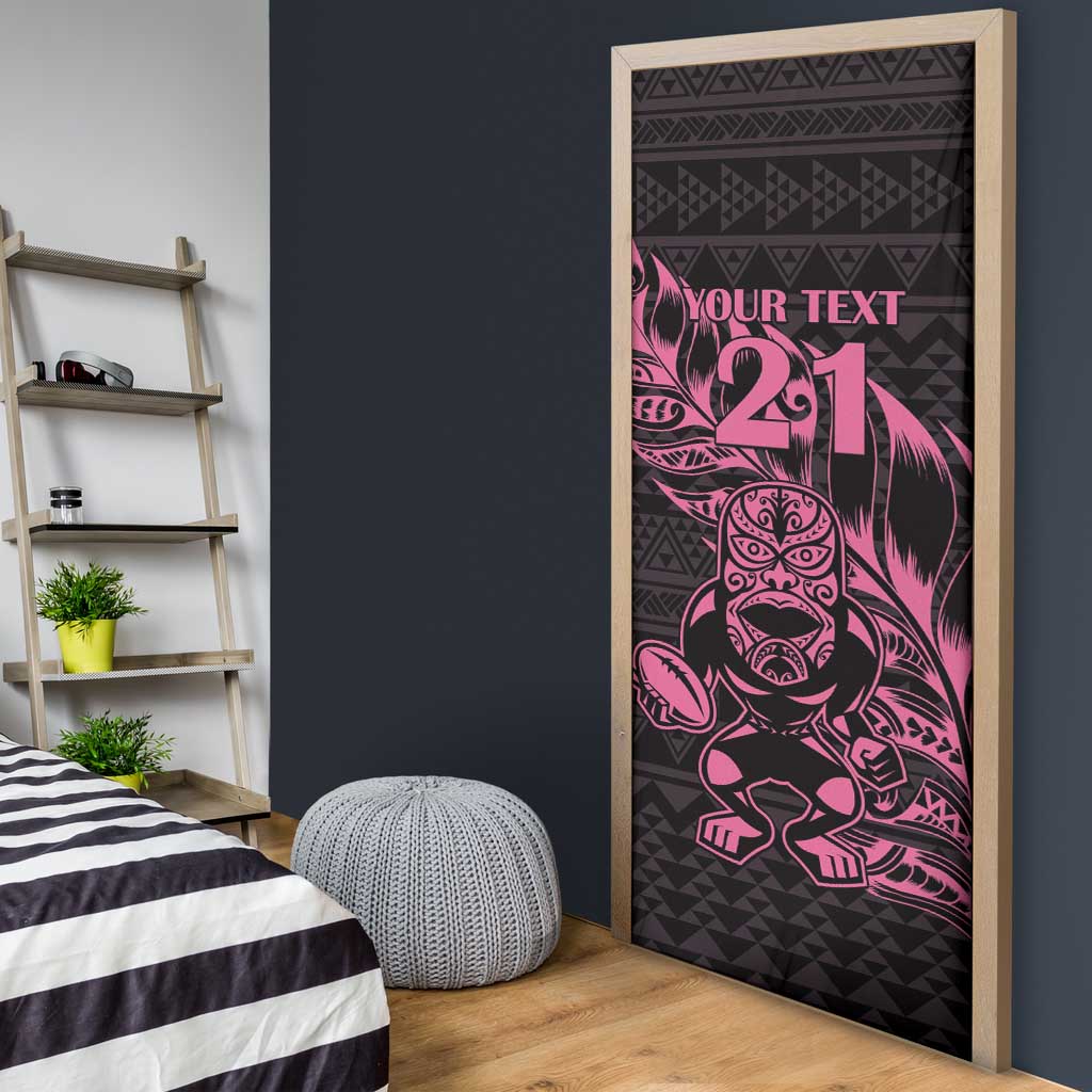 New Zealand Rugby Warrior Custom Door Cover Pink Fern Taniko Motif - Polynesian Pride