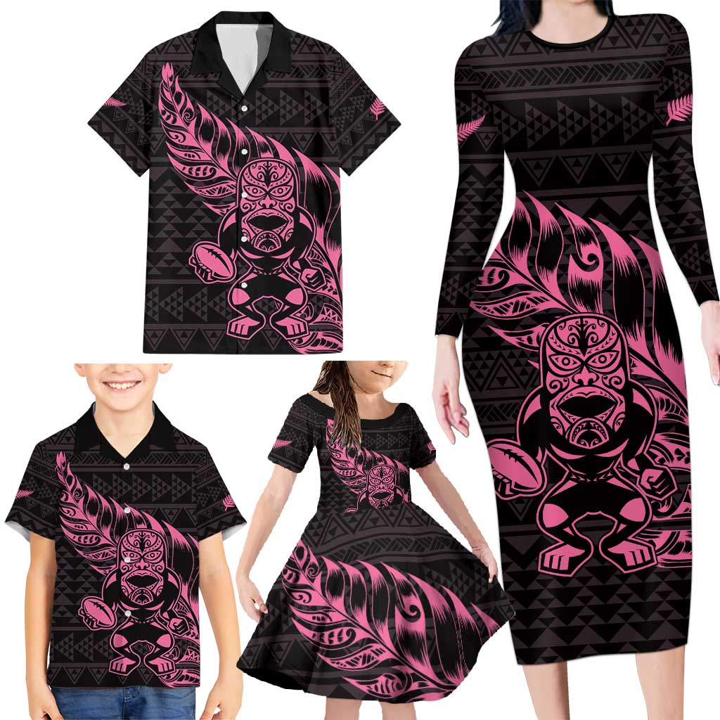 New Zealand Rugby Warrior Custom Family Matching Long Sleeve Bodycon Dress and Hawaiian Shirt Pink Fern Taniko Motif