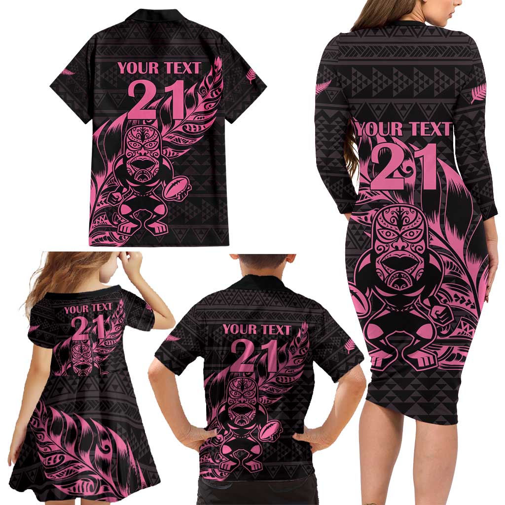 New Zealand Rugby Warrior Custom Family Matching Long Sleeve Bodycon Dress and Hawaiian Shirt Pink Fern Taniko Motif