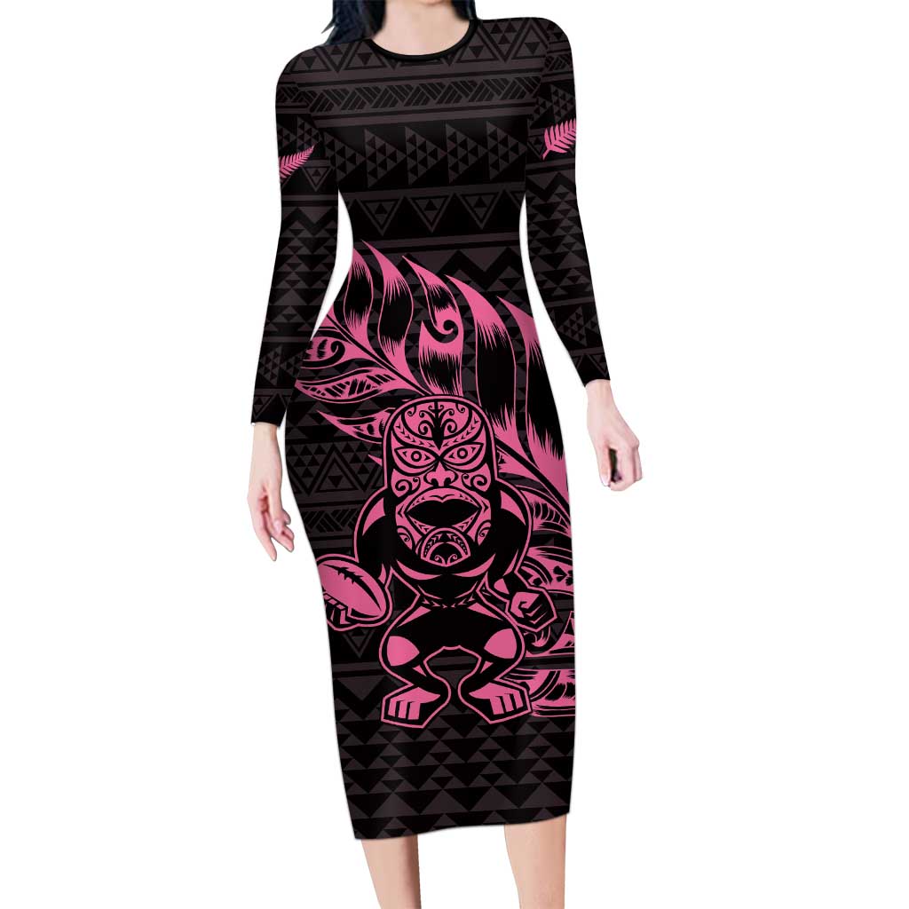 New Zealand Rugby Warrior Custom Family Matching Long Sleeve Bodycon Dress and Hawaiian Shirt Pink Fern Taniko Motif