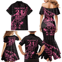 New Zealand Rugby Warrior Custom Family Matching Mermaid Dress and Hawaiian Shirt Pink Fern Taniko Motif