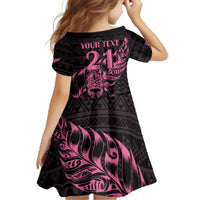 New Zealand Rugby Warrior Custom Family Matching Off The Shoulder Long Sleeve Dress and Hawaiian Shirt Pink Fern Taniko Motif