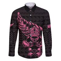 New Zealand Rugby Warrior Custom Family Matching Off The Shoulder Long Sleeve Dress and Hawaiian Shirt Pink Fern Taniko Motif