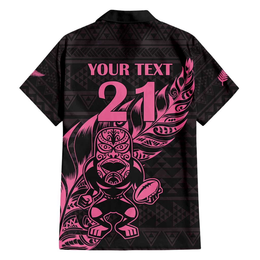 New Zealand Rugby Warrior Custom Family Matching Off Shoulder Maxi Dress and Hawaiian Shirt Pink Fern Taniko Motif