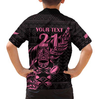New Zealand Rugby Warrior Custom Family Matching Off Shoulder Short Dress and Hawaiian Shirt Pink Fern Taniko Motif