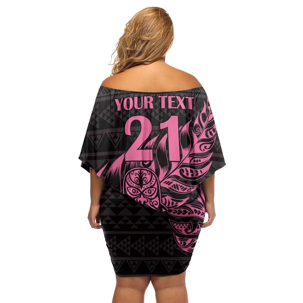 New Zealand Rugby Warrior Custom Family Matching Off Shoulder Short Dress and Hawaiian Shirt Pink Fern Taniko Motif
