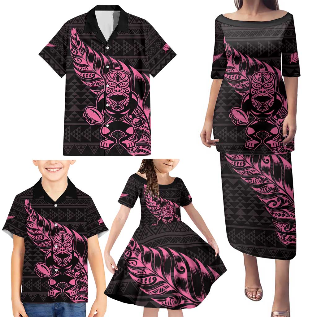 New Zealand Rugby Warrior Custom Family Matching Puletasi and Hawaiian Shirt Pink Fern Taniko Motif
