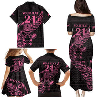 New Zealand Rugby Warrior Custom Family Matching Puletasi and Hawaiian Shirt Pink Fern Taniko Motif
