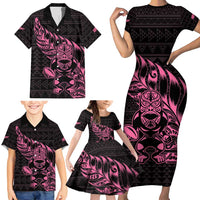 New Zealand Rugby Warrior Custom Family Matching Short Sleeve Bodycon Dress and Hawaiian Shirt Pink Fern Taniko Motif