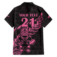 New Zealand Rugby Warrior Custom Family Matching Short Sleeve Bodycon Dress and Hawaiian Shirt Pink Fern Taniko Motif