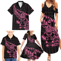 New Zealand Rugby Warrior Custom Family Matching Summer Maxi Dress and Hawaiian Shirt Pink Fern Taniko Motif