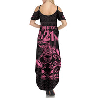 New Zealand Rugby Warrior Custom Family Matching Summer Maxi Dress and Hawaiian Shirt Pink Fern Taniko Motif