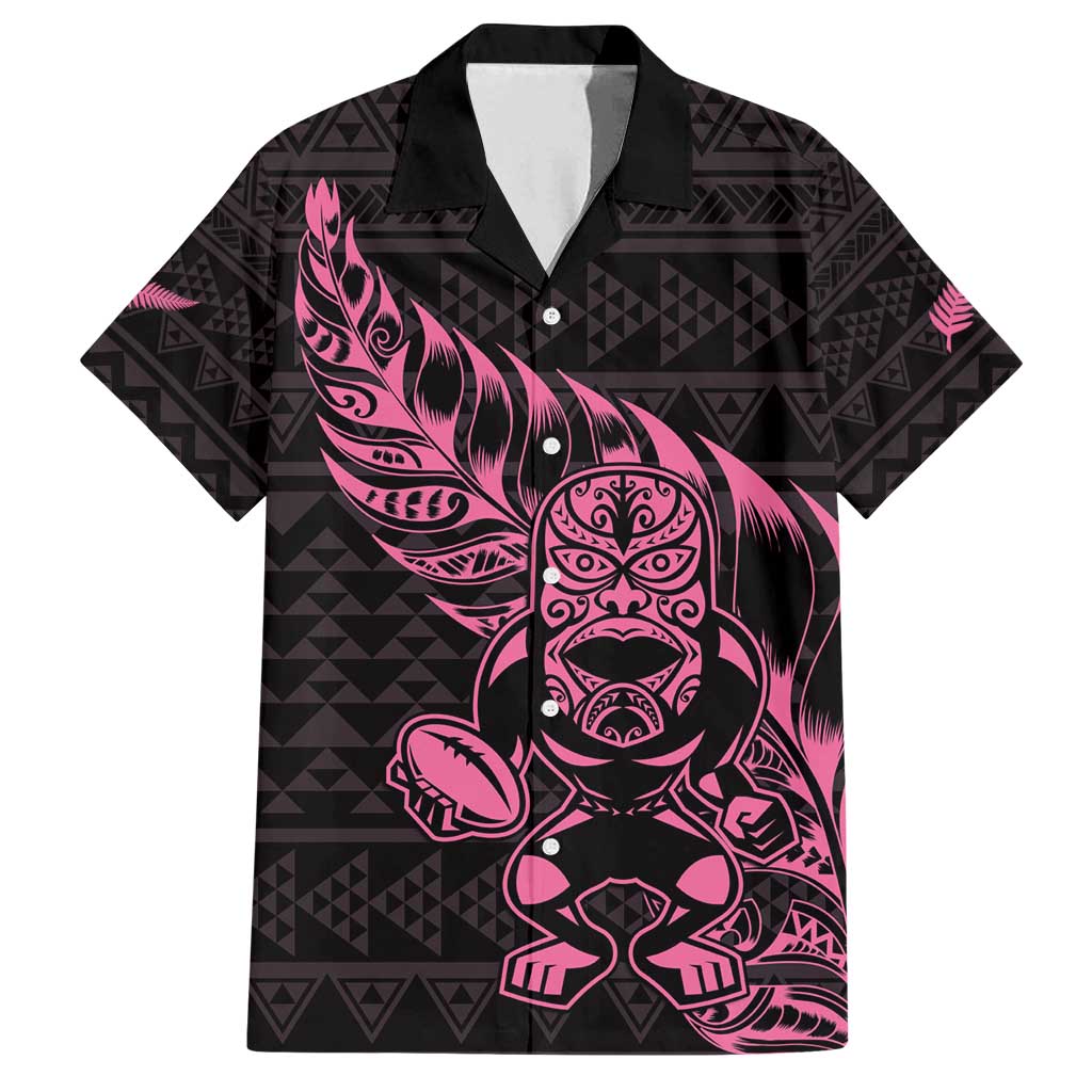 New Zealand Rugby Warrior Custom Family Matching Tank Maxi Dress and Hawaiian Shirt Pink Fern Taniko Motif