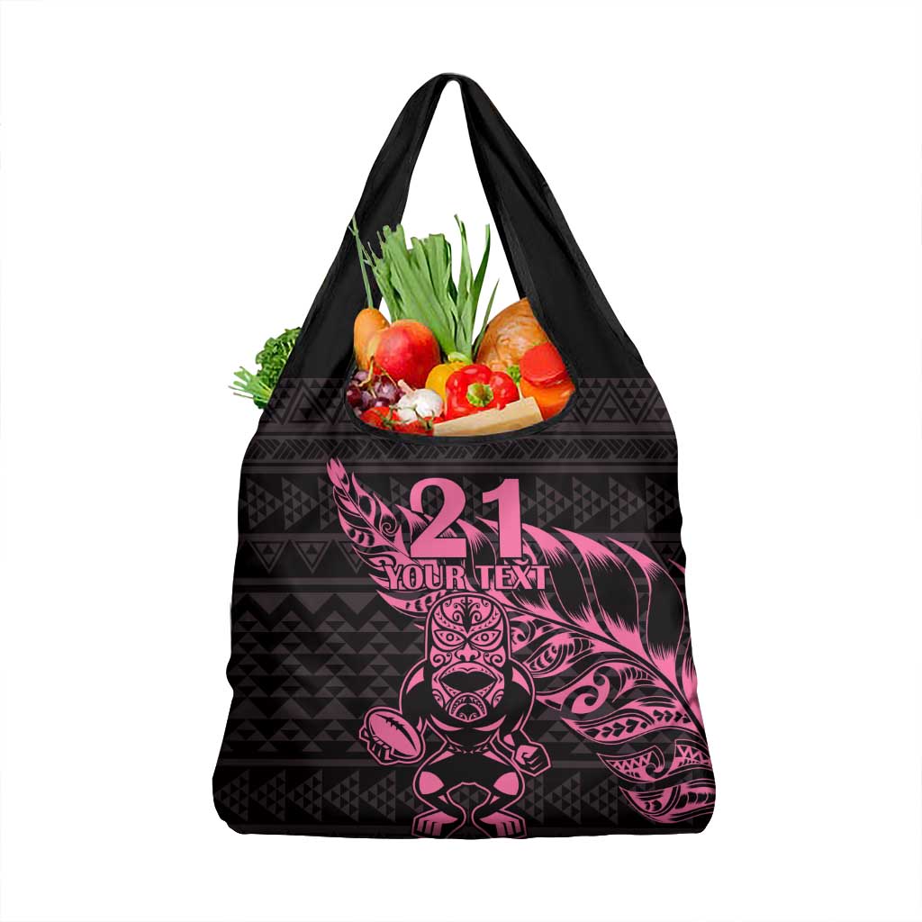 New Zealand Rugby Warrior Custom Grocery Bag Pink Fern Taniko Motif