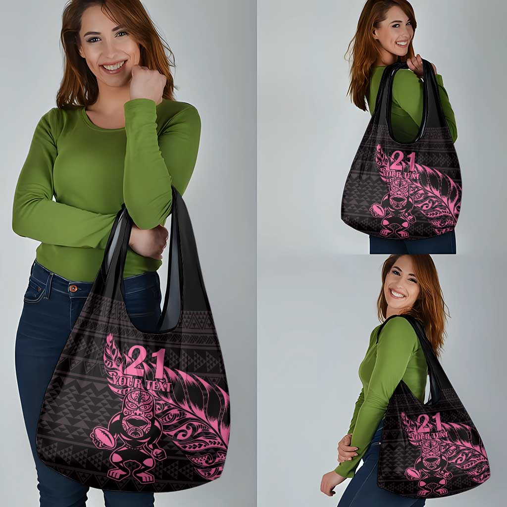 New Zealand Rugby Warrior Custom Grocery Bag Pink Fern Taniko Motif