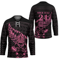 New Zealand Rugby Warrior Custom Hockey Jersey Pink Fern Taniko Motif - Polynesian Pride