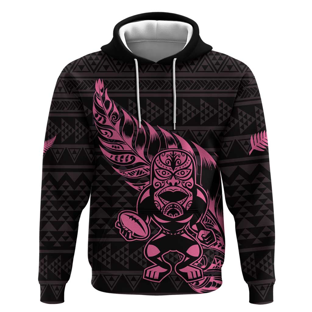 New Zealand Rugby Warrior Custom Hoodie Pink Fern Taniko Motif