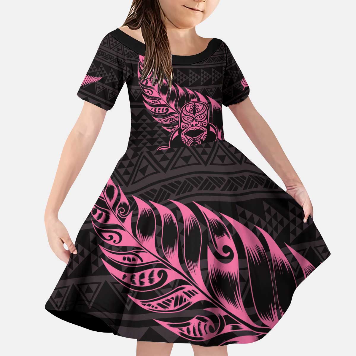 New Zealand Rugby Warrior Custom Kid Short Sleeve Dress Pink Fern Taniko Motif