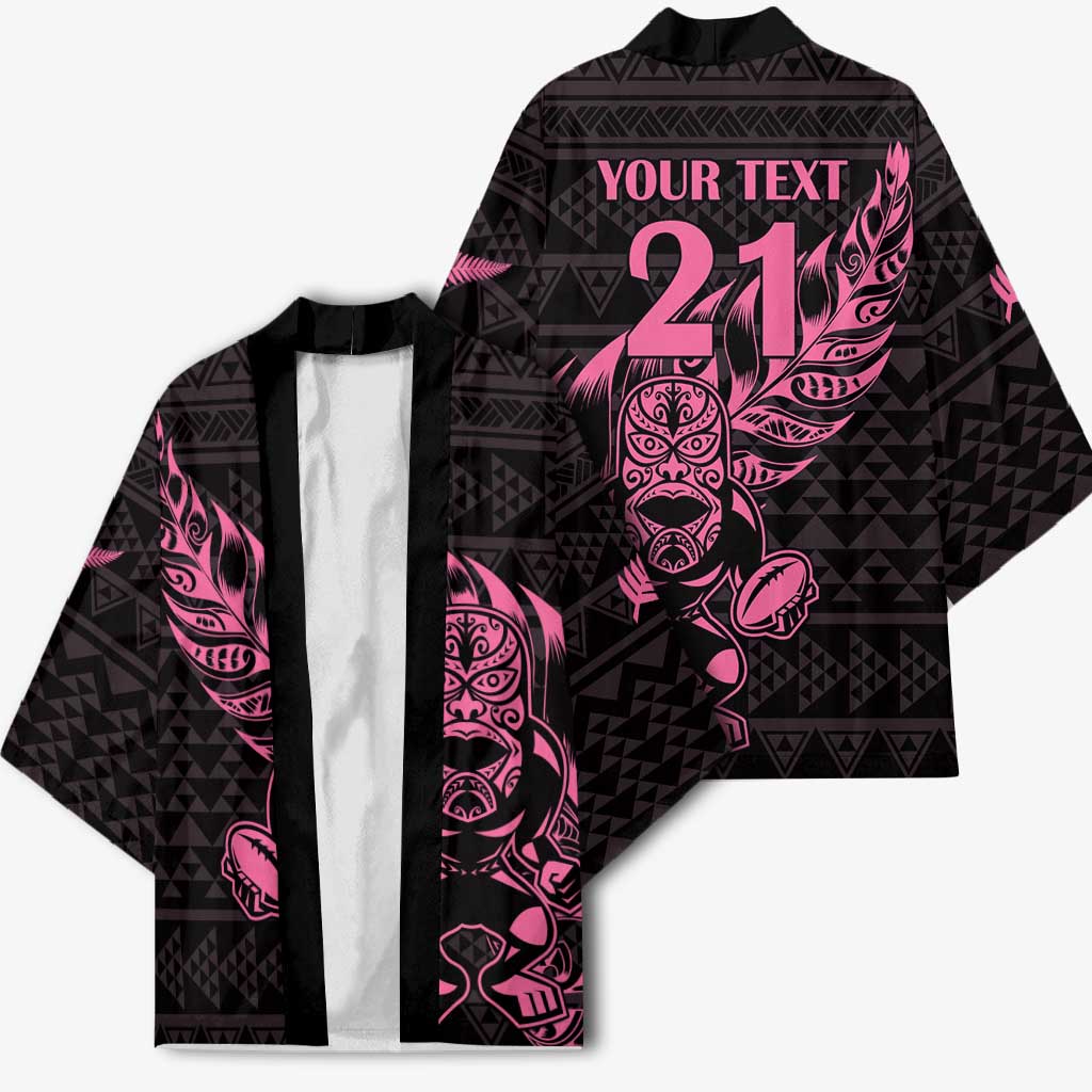 New Zealand Rugby Warrior Custom Kimono Pink Fern Taniko Motif - Polynesian Pride
