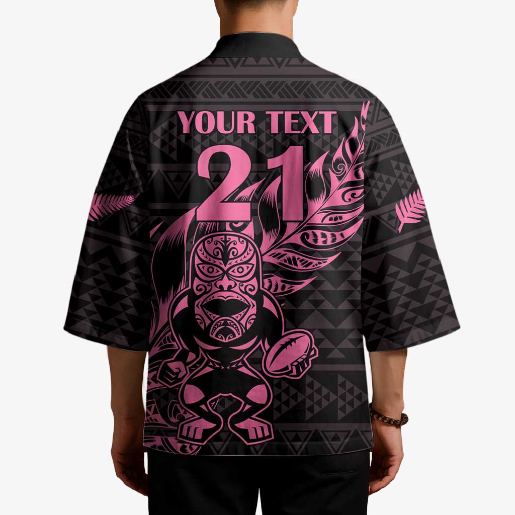 New Zealand Rugby Warrior Custom Kimono Pink Fern Taniko Motif - Polynesian Pride