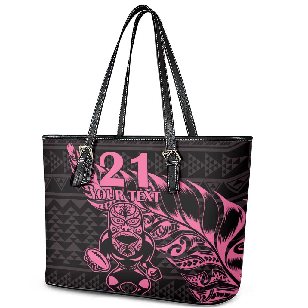 New Zealand Rugby Warrior Custom Leather Tote Bag Pink Fern Taniko Motif