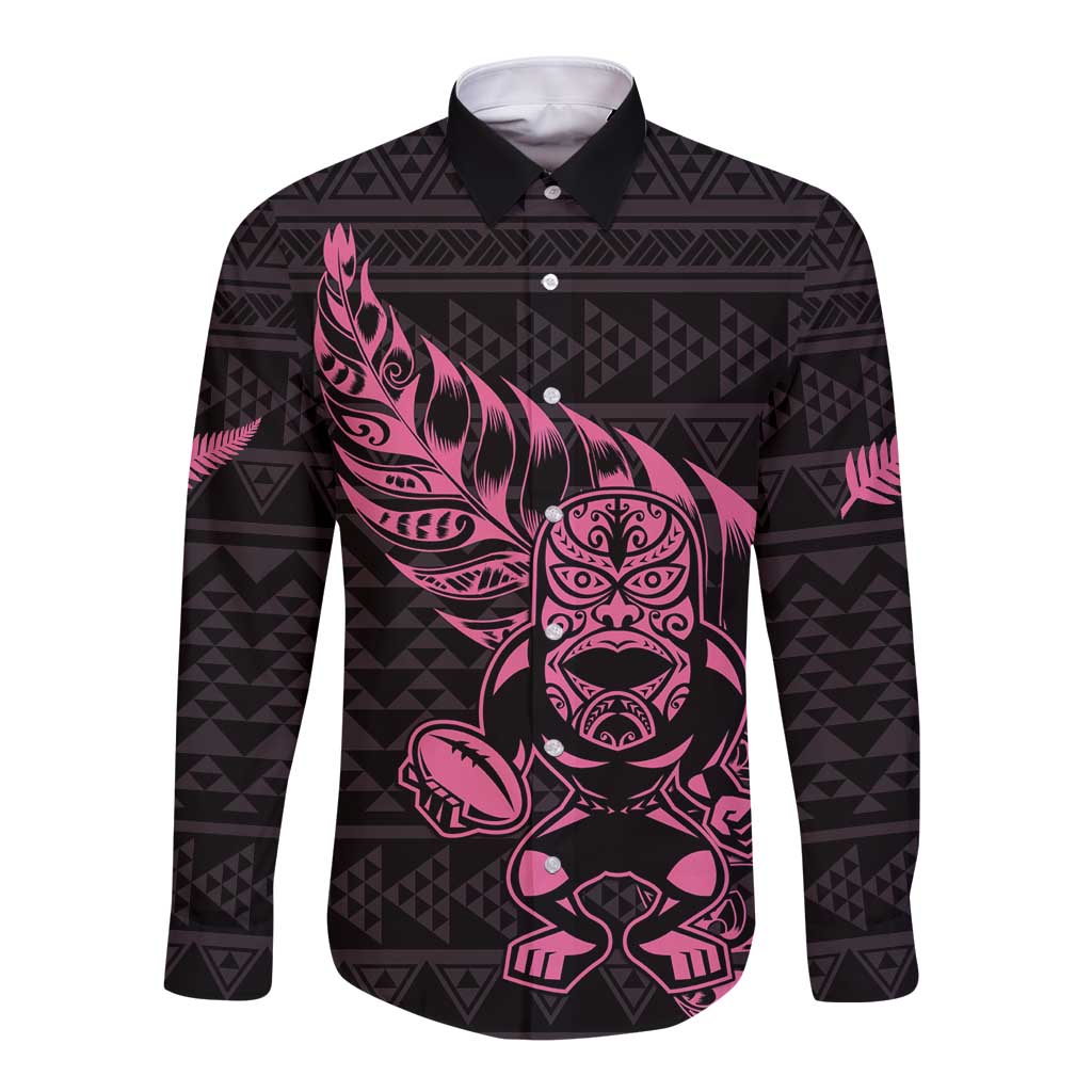 New Zealand Rugby Warrior Custom Long Sleeve Button Shirt Pink Fern Taniko Motif