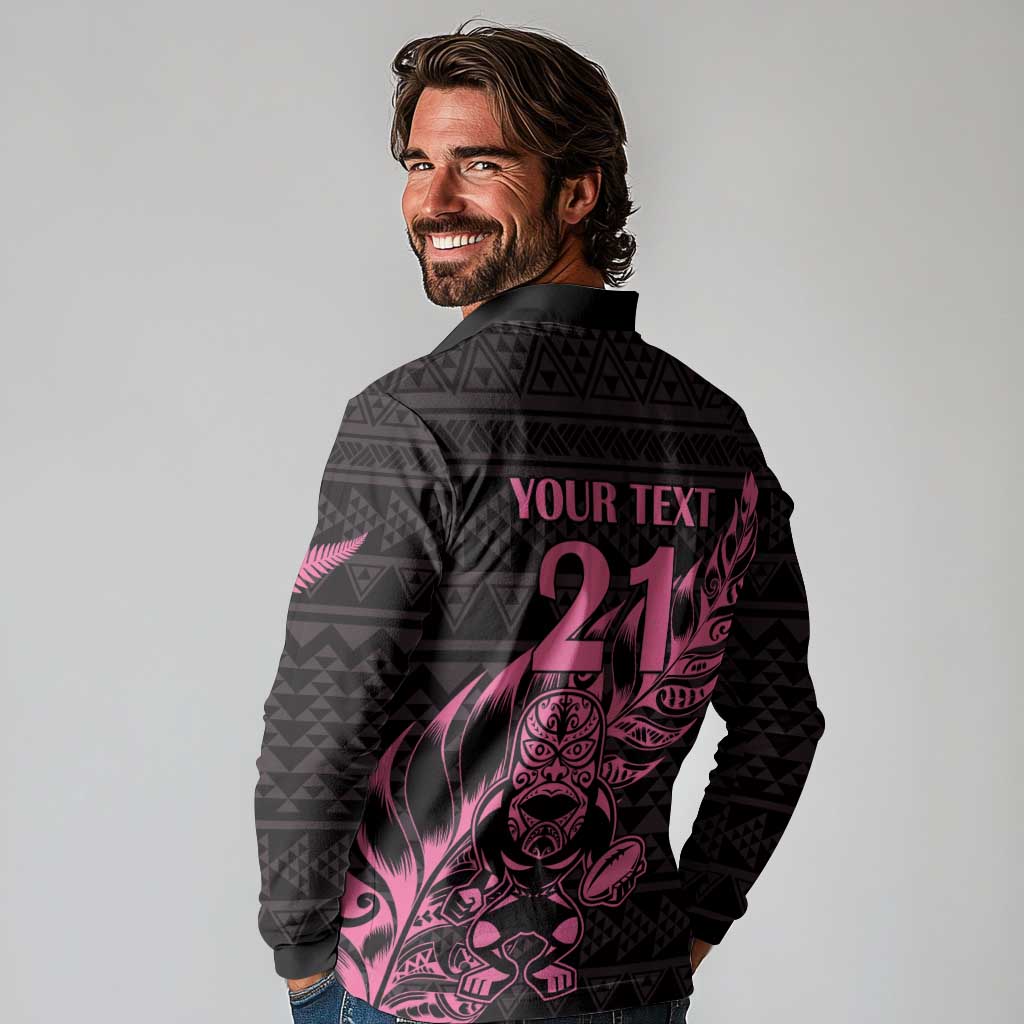 New Zealand Rugby Warrior Custom Long Sleeve Polo Shirt Pink Fern Taniko Motif