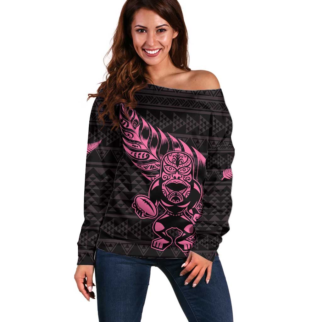 New Zealand Rugby Warrior Custom Off Shoulder Sweater Pink Fern Taniko Motif