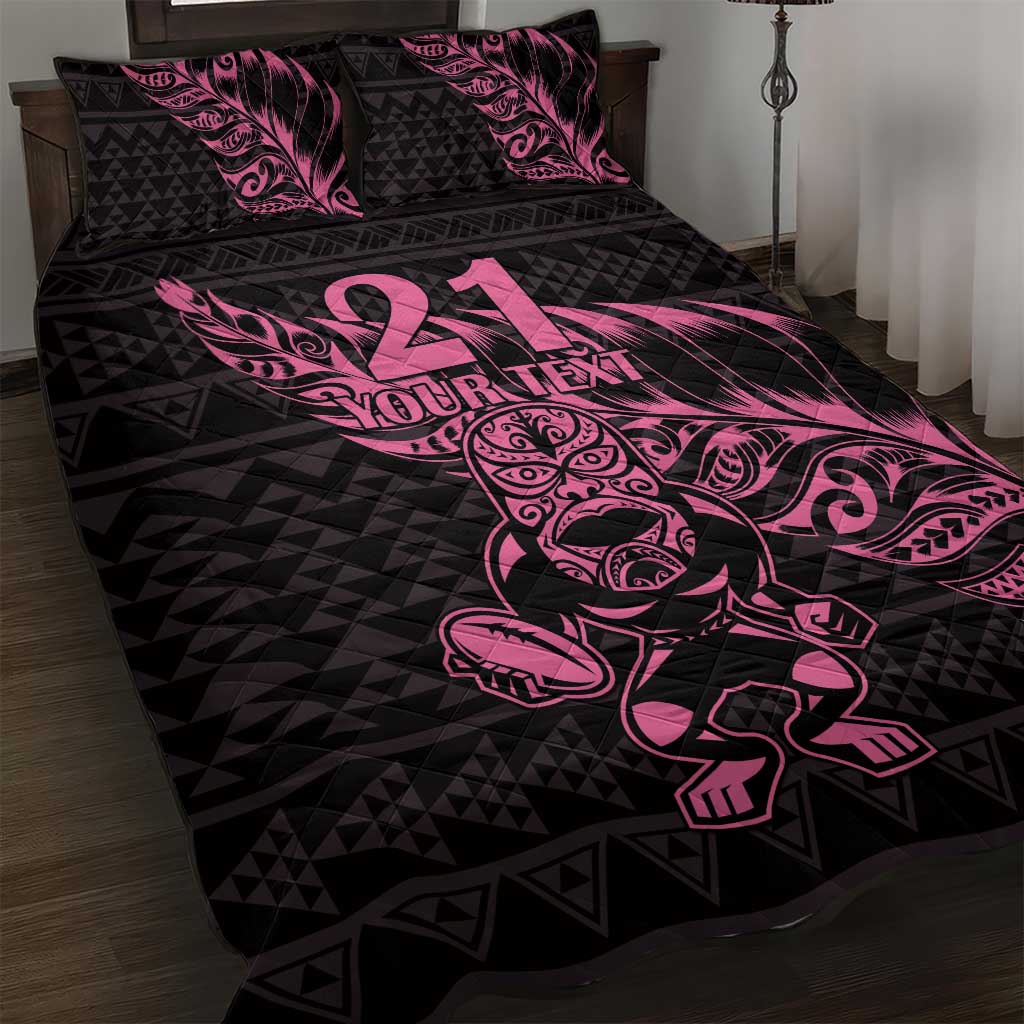 New Zealand Rugby Warrior Custom Quilt Bed Set Pink Fern Taniko Motif